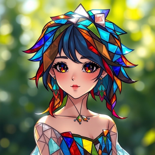 Teenage girl made from different colored glass shards.