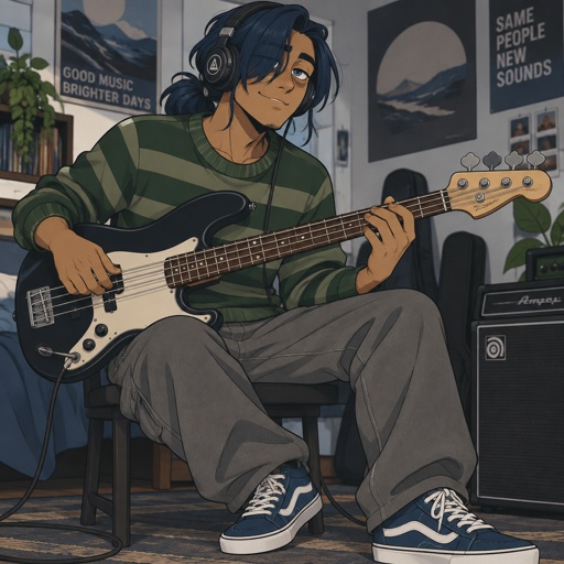 male dark blue low ponytail, hair cover one eye, tan, eye bags, blue eyes, headphones, green striped sweater, grey pants, blue sneakers, playing bass, smiling