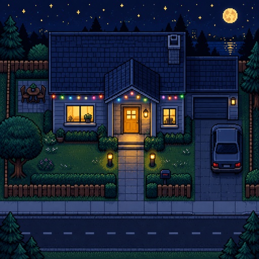 Starry house unique fairy lights for a fantasy game set in modern times, exterior, top down style, shading and highlights