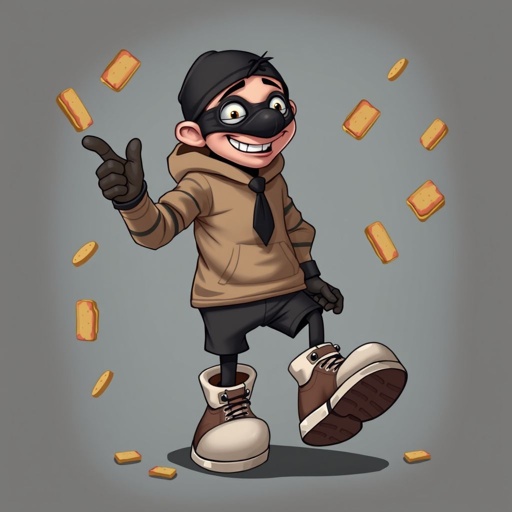 Create a funny looking clumsy thief with funny shoes on. Make him have on the bandit black thing around his eyes. And wanted for stealing sandwiches 