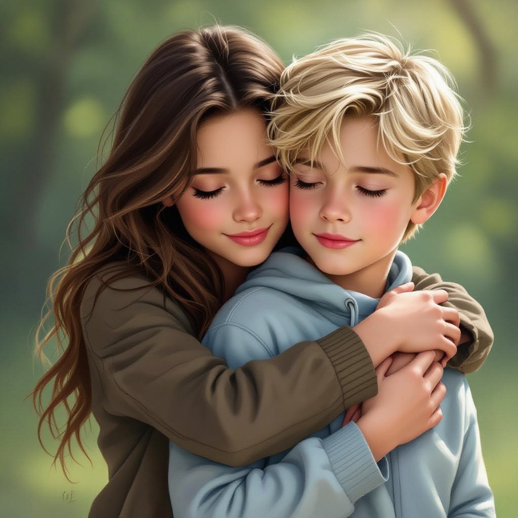 brown hair girl hugging a blonde boy