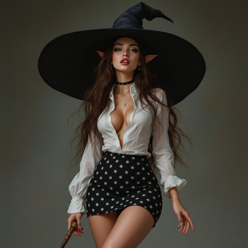 Brunette Elf Wizard Librarian with Long brunette hair in a tight black and white polka dot mini pencil skirt and a white open blouse and a big witches hat. She looks like she’s daydreaming the hottest moment ever and is drunk and slightly drooling