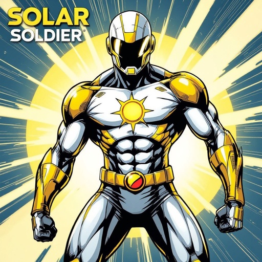 SOLAR SOLDIER. Blinding yellow and white bodysuit. Helmet with Visor. Insignia is scientific symbol of the Sun