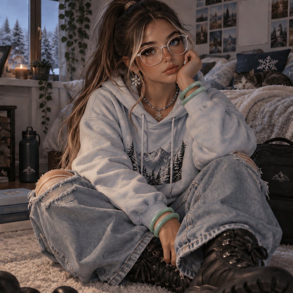 a woman sitting on the floor wearing glasses