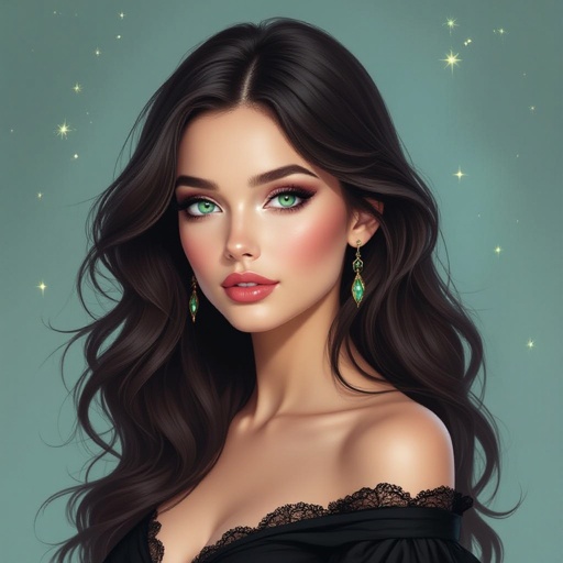 Kobieta o ciemobrązowych włosach do pasa, jasnych zielononiebieskich oczach, pełny makijaż. Ubrana na czarno. człowiek. 
