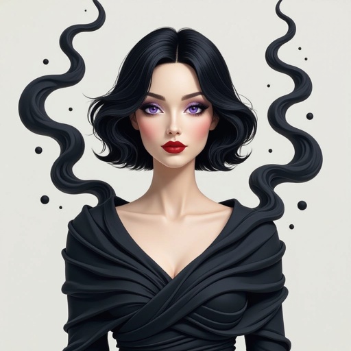 Create A lithe, mysterious woman draped in layered black silks that move like smoke around her. Her jet-black hair is cut sharp to her jawline, and her violet eyes seem to pierce through darkness.