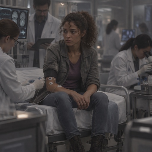 Female, tan skin, brown eyes, pointy nose, curly ponytail, curl in the middle of her forehead, grey jacket rolled up sleeves, jeans, boots, purple shirt, in the hospital, scientists all around her doing tests