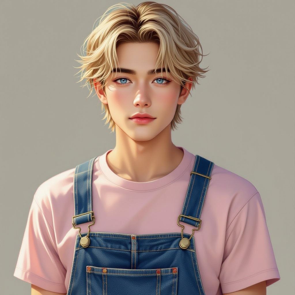 18-year old male, no beard with blue eyes and blonde hair. Wearing a light pink shirt with overalls. Japanese 