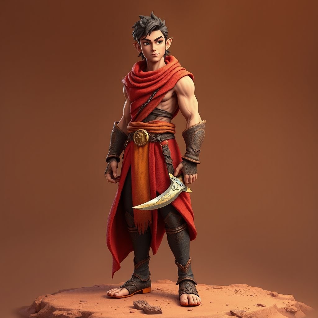 Create handsome hero  Rhen the Fire – A lean, muscular man. He wears layered, flowing desert robes dyed in warm reds and golds, with scorch marks where flames have licked them. A curved blade hangs at his hip.  Show whole body head to toe including her shoes.