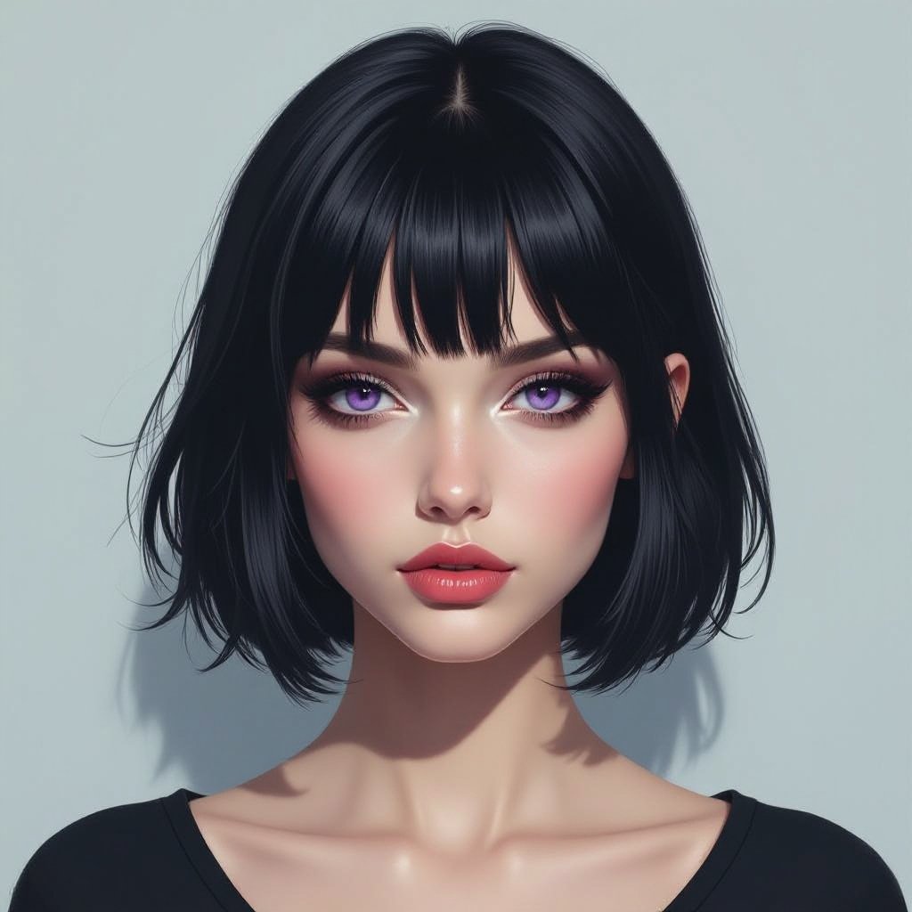 Show her entire body. Create mysterious woman jet-black hair is cut sharp to her jawline, and her violet eyes seem to pierce through darkness. A shadowy aura clings to her form, faint shapes shifting and flickering behind her like whispers of another realm. Show whole body head to toe