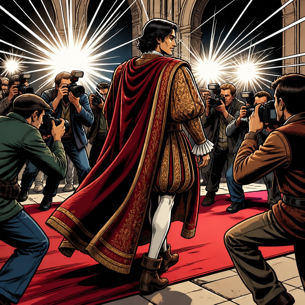 A paparazzi taking photos, renaissance robes we see him full body from the rear 3/4 highly realistic no speech bubble no print dots