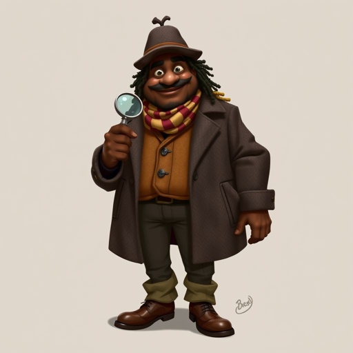 Create a funny fat character similar to Sherlock Holmes, but make him of black decent and with dread locks. Show his whole outfit including his shoes.