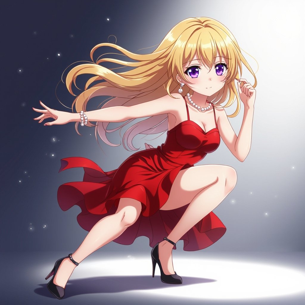 She has blonde hair and purple eyes and a red dress and black high heels and pearl earrings 