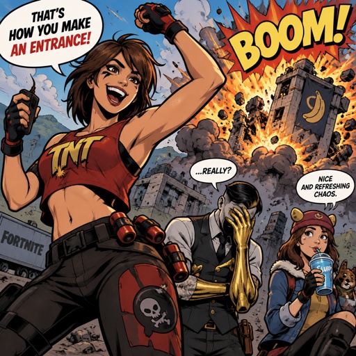 TNTina from Fortnite brown hair no ponytail excited after blowing up a building, Midas from Fortnite face palm, Skye from Fortnite drinking a soda