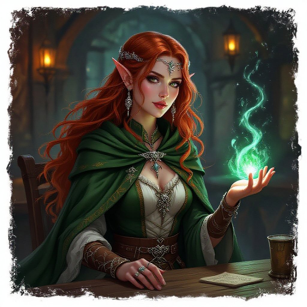 A beautiful elven bard with red hair. In tavern 
