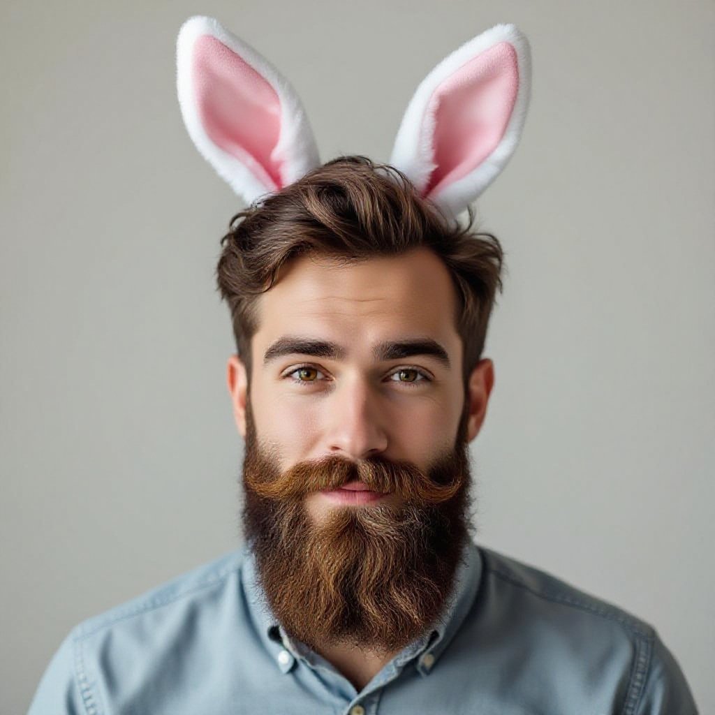 man with white bunny ears with beard