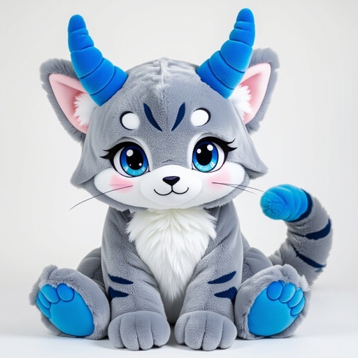 Kigurumi style fursuit of a grey kitten with blue horns and otter markings with bright blue eyes 