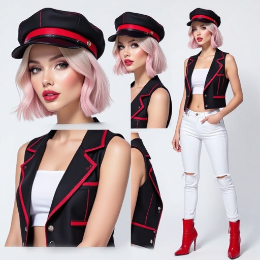 Pretty blonde and pink hair in a Bob Haircut wearing a stylish black cap with red band and small red stripes  she wears a matching open black and red vest and a low cut white  tube top and white torn skinny jeans and red high heel boots