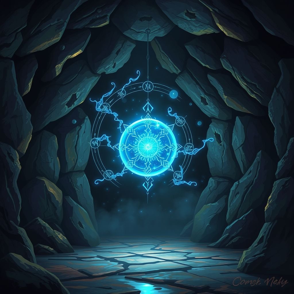 Magical ball of blue light floating in a cave by itself with nothing else around it
