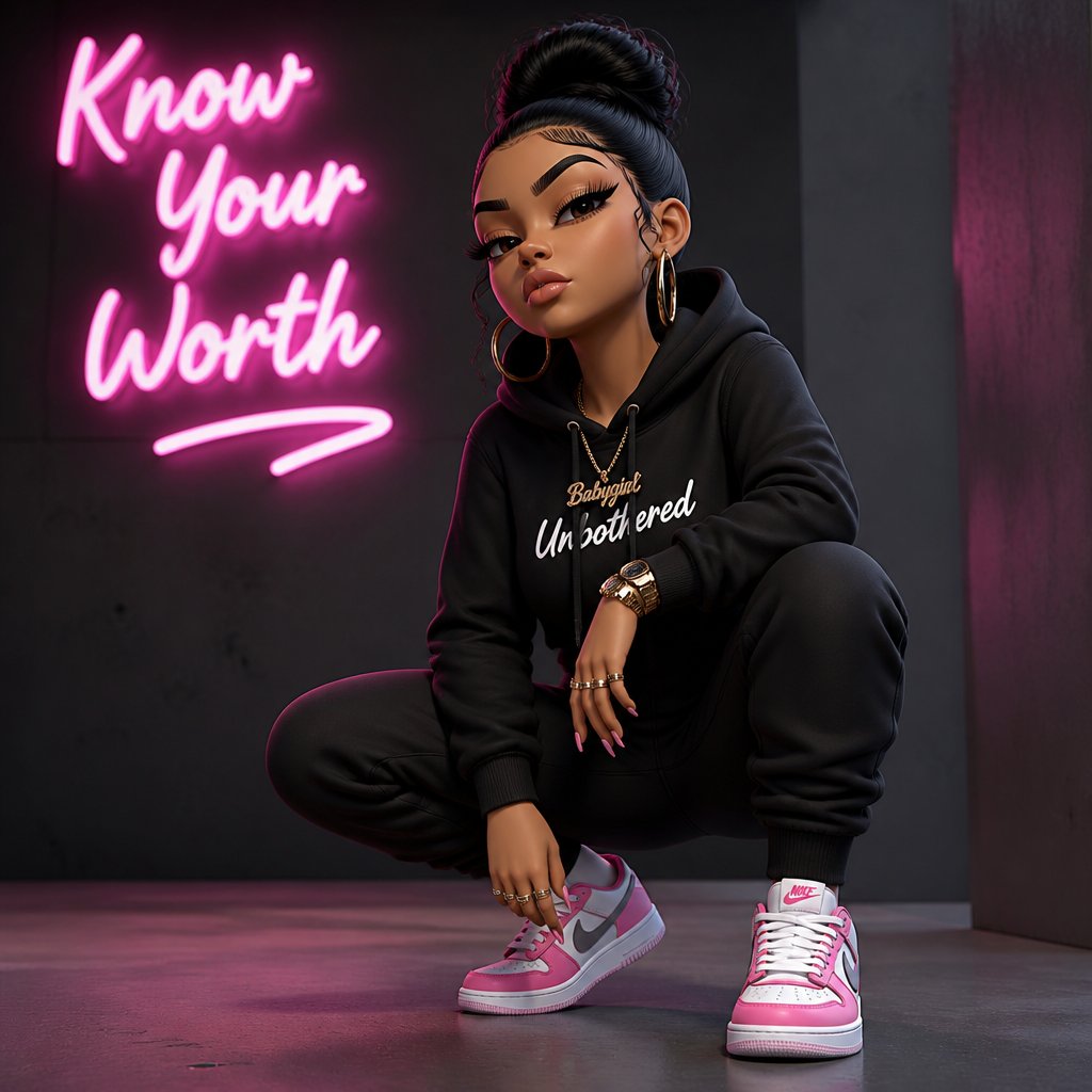 Create long lashes woman with attitude, wearing sneakers