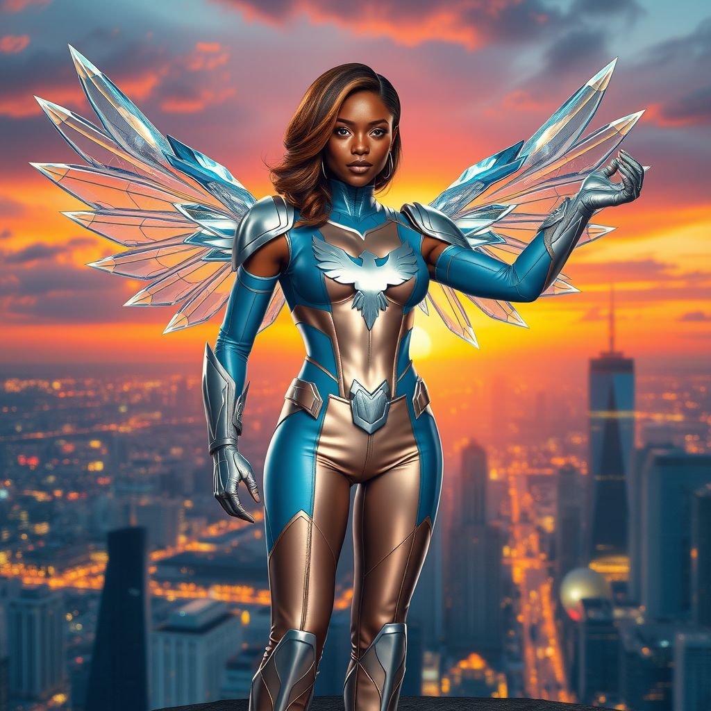 African American female superhero with shoulder length hair in a side part style with light brown highlights wearing a slightly armored crystal blue suit with a silver bird silhouette as her chest emblem with rose gold pants and silver boots with crystal wings standing in a city at dusk