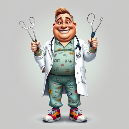 .. create a fat doctor. Who is funny human looking from head to toe. And he always immediately results to surgery for anything even small things. So please be sure to show his whole outfit head to toe. Make him have 1 tooth. Make it more adult humor instead of cartoon humor.