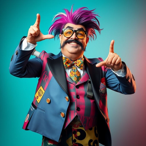 Create a funny arrogant character , showing him head to toe like his whole outfit 
