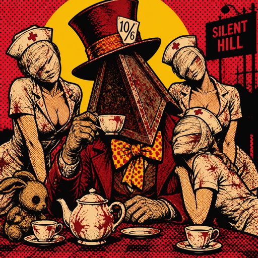 Silent Hill with pyramid head and the nurses with an Alice and wonderland spin with mad hatter as pyramid head