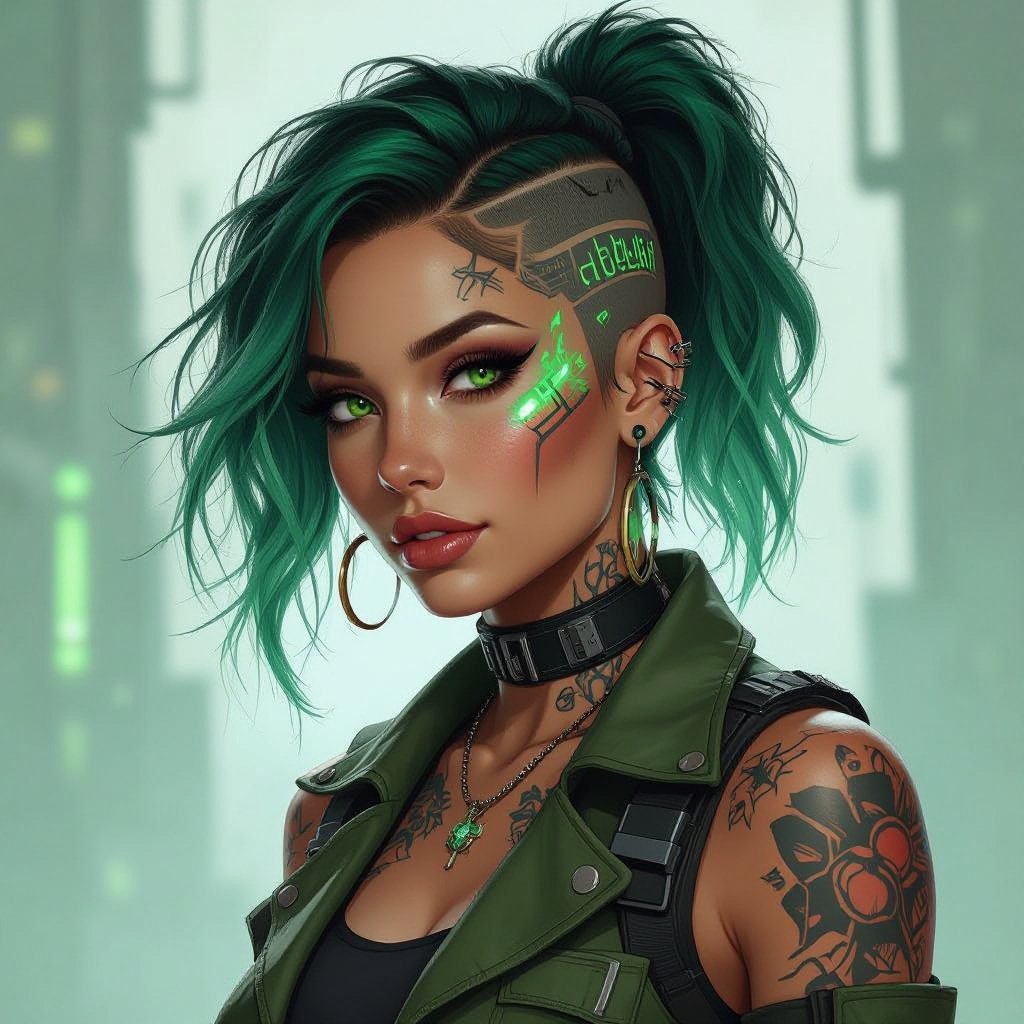 She is a woman that lives in the biotechnology faction of a RPG world. She’s 24 years old, is a scientist that uses herself as testing, had biochemistry tattoos and greenish hair. Her style has traces of punk