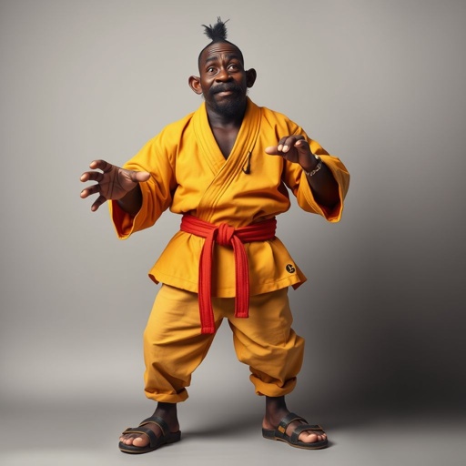 Create a character who looks like a funny African karate guy who doesn’t have a clue what he is doing. Make him have weird toes