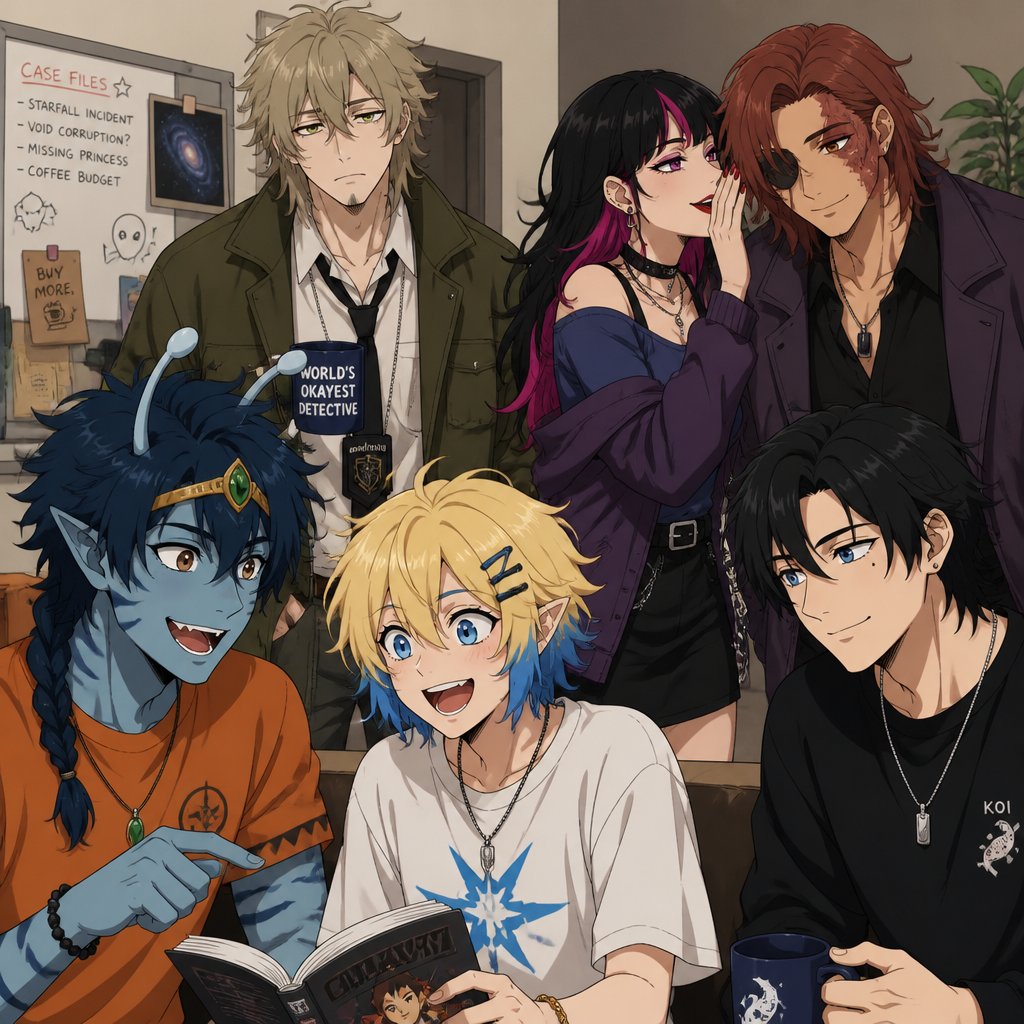 The group interacting Anime Alien prince with light blue skin and a slightly darker blue stripes, brown eyes really dark blue hair messy and in a braid two antennae and sharp teeth small golden band around head with a green stone in the middle wearing an orange shirt,curious and confused Anime male grandsons of the goddess of death,very excited boy ,blonde hair and died blue tips hair styled with being up to neck length and one side having hair clips and his top hair is more bushed nice up his other side of hair being loosed with no hair clips and blue eyes casual clothes has the power of death, always looks at the good things in life all interacting Anime male in his 20s part Asian part white pale skin black hair a little more on his right side one side a little in his face has a beauty mark on left side of face blue eyes can control technology kind hearted sweet smile talking to Anime Male great detective takes job seriously really good at it in his mid 20s with medium really crazy messy light blonde hair,tall thin, tired ,strange green eyes wearing a baggy loose mossy green jacket tired face, while a Female woman with medium hair in the back but long cut in the front, has black hair and dies half pink brown eyes, has eye shadow and wears red lipstick, sassy and judgmental, wears collar necklaces, blue shirt black skirt and a purple jacket is whispering to her friend who is Male red brown hair shoulder length his whole left side all burnt brown eyes left eye blind both open kind eyes, sweet smile black shirt and a nice purple jacket
