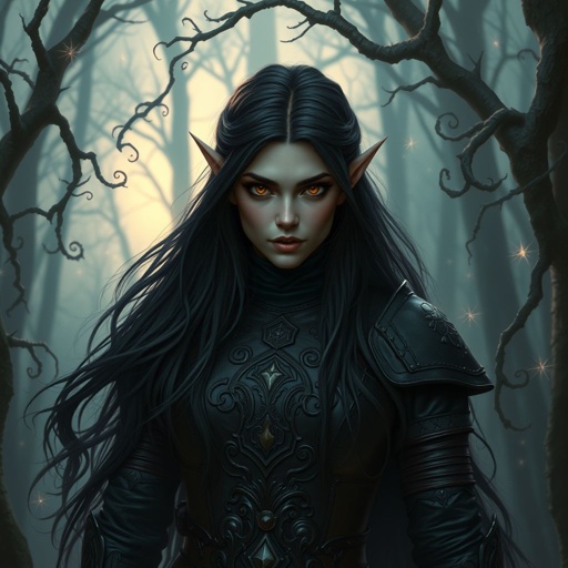 A elf women in her early thirties with black hair and brown eyes