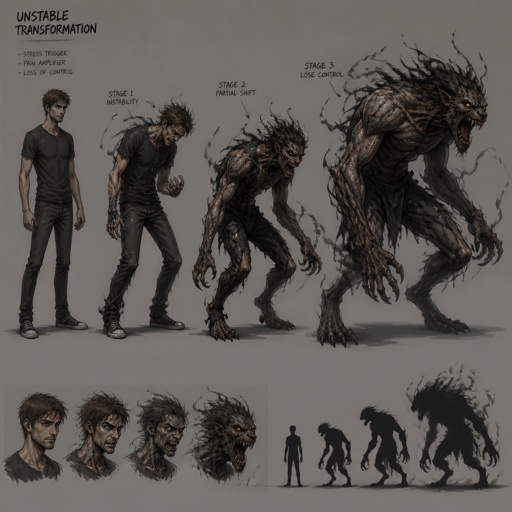 Male superhero with the ability to transform into a beast, thin, stubble, brown hair, unstable