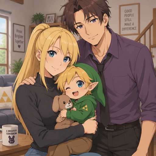 Samus Aran holding link from legends of Zelda as a baby William afton from five nights at Freddy’s standing next to them hand on Samus’s shoulder, all are wearing modern clothes, happy, house interior 