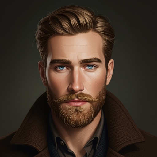 be a man with fair skin and light brown hair that is styled neatly, swept back from his face. He has a full beard and mustache, also light brown with a touch of gold. His eyes are blue and set beneath expressive brows, giving him a thoughtful or slightly serious expression. He’s wearing a dark shirt under a brown coat with a dark collar, and the lighting is soft, highlighting the contours of his face against a dark background. The overall look is polished and introspective, with a classic, slightly rugged appeal.