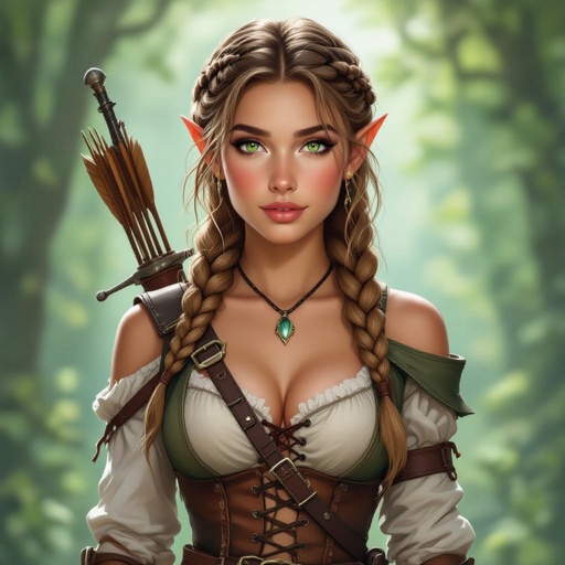 Young adult half elf woman. light brownish blonde hair that's braided into a single thick braid that comes over her shoulder. Delicate beauty, bright hazel green eyes, blushed cheeks, and plump supple lips. She's wearing cloth and leather in various earth tones, with a corset that emphasis her exposed chest cleavage. She has a scimitar in a scabbard on her belt; as well as a shoulder holster for a spell book. She has a longbow in her hand and a quiver on her back.