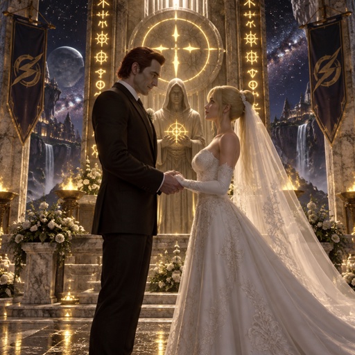 William afton from five nights at Freddy’s in a wedding suit, zero suit Samus from super smash bros in a wedding dress, getting married