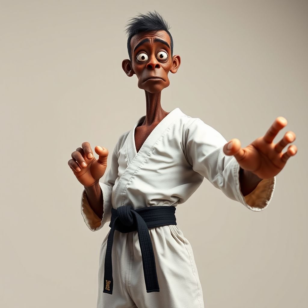 Create a character who looks like a funny African karate guy who doesn’t have a clue what he is doing. Make him have weird toes, only speedos on and a black karate belt. Make him tal skinny and slinky.