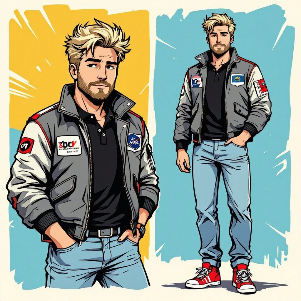 man with Dirty Blonde Unkempt Hair and Goatee. Astronaut Flight Jacket Black And White Polo and Light blue denim jeans with red sneakers
