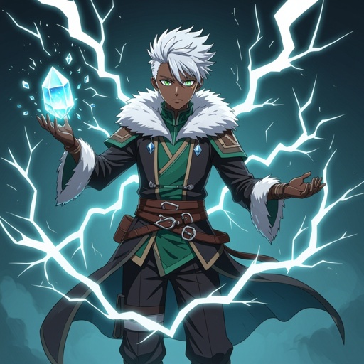 A full body picture of a 15 year old black male with a white undercut and green eyes. Give him a gray mage/assassin outfit with fur. Have him floating surrounded by lightning bolts. Give him a crystal that floats from his upside down left hand 