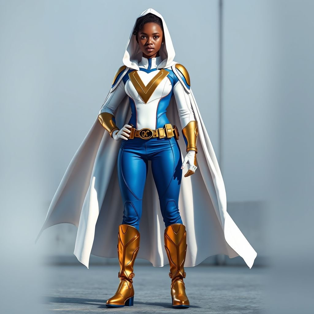 A teenage African American female superhero  wearing a white  cloak with a hood over a professionally made slightly armored white and blue suit with blue pants gold accents and a stylized V as her chest emblem a utility belt and gold boots