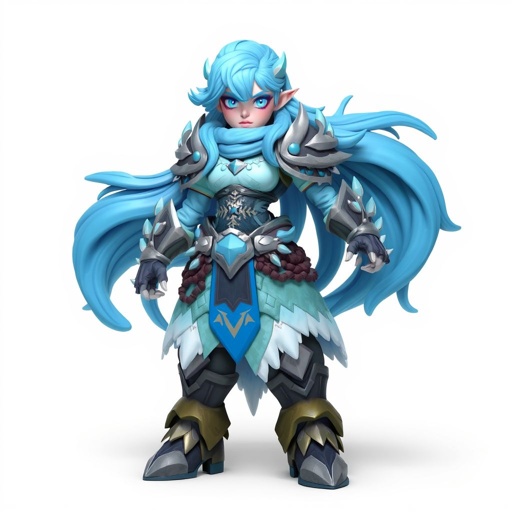 Create a battle woman hero called Alvara the Frostheart. Show full body head to toe including shoes