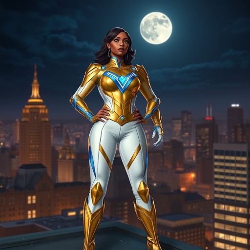 African American female superhero with shoulder length hair in a side part style wearing a slightly armored gold and white suit with blue accents with white pants and gold boots with a stylized V as her chest emblem standing ona roof in a Philadelphia at night