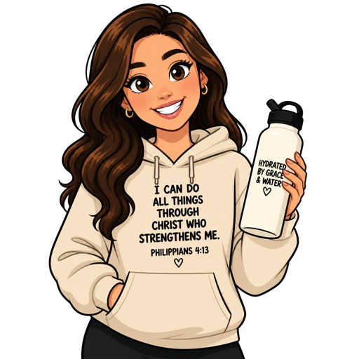24 female brown hair wearing a hoodie with a Bible verse on it holding a water bottle 