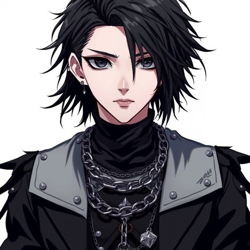 Create a teenage goth boy who has black hair, black eyes, pale skin and his attire is black.