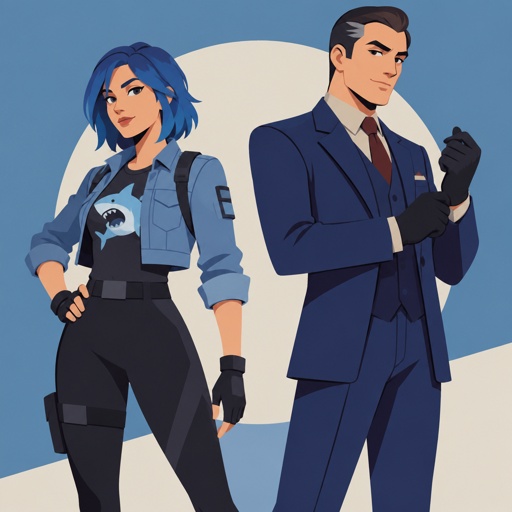 Light rider from Fortnite, neck length blue hair, cropped jean jacket black leggings, tshirt with shark on it, gloves, Squire from deceive inc