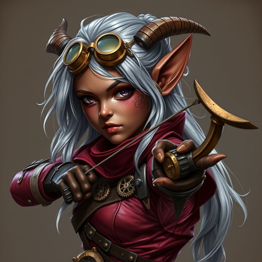 Dungeons and dragons female tiefling rogue. Silver hair, bronze skin, red clothing. Small horns. Short bow.