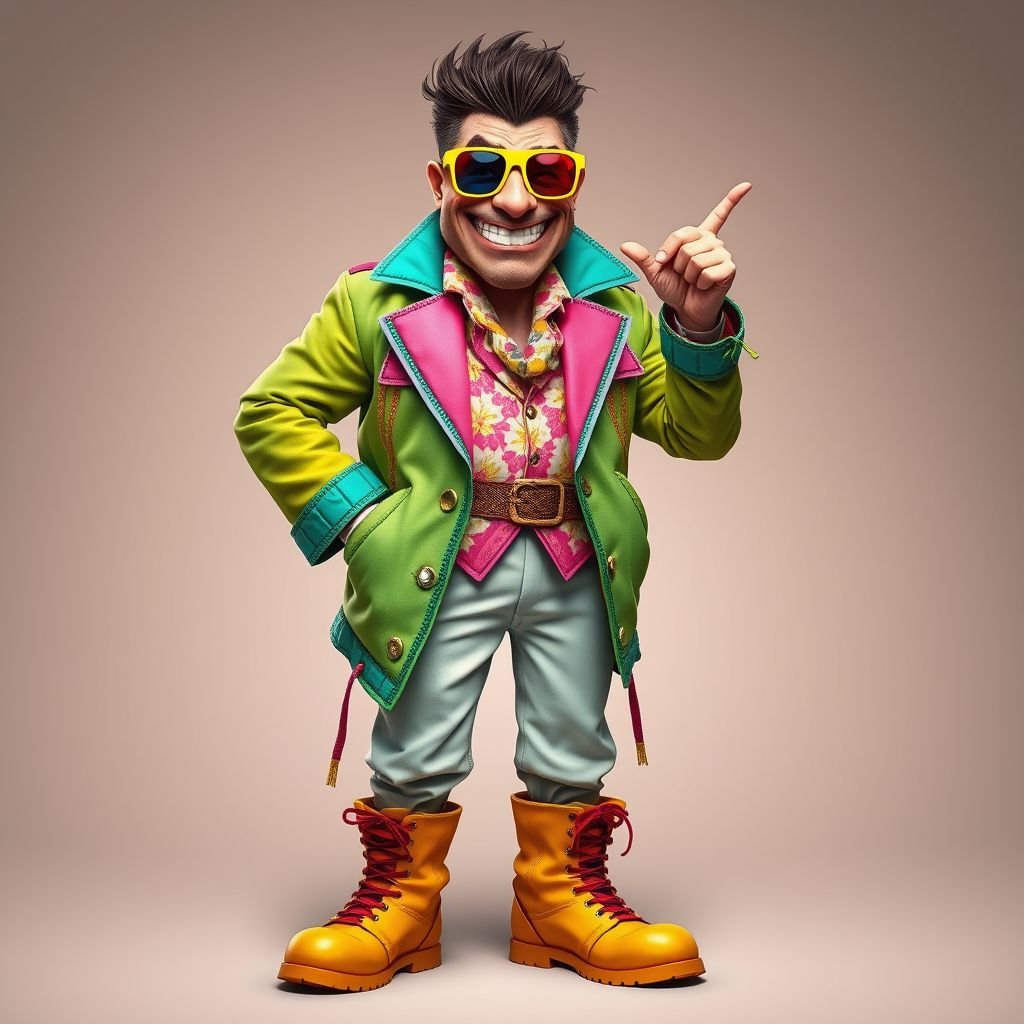 Create a funny arrogant character , showing him head to toe like his whole outfit 