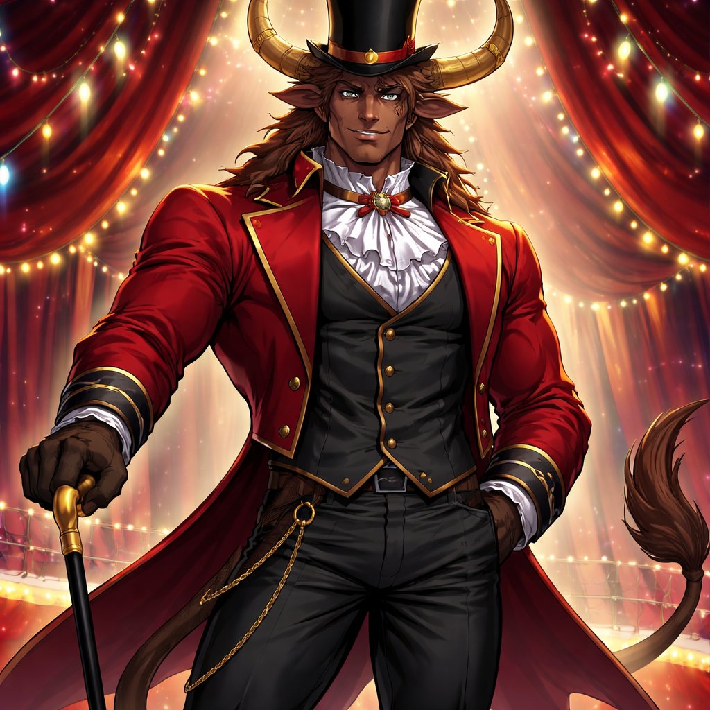 A captivating chestnut brown male Minotaur that’s 6 1/2 feet tall with well~proportioned figure/body with deep set cattle like brown eyes, large powerful gleaming horns like his fathers, a long tail. He works at freak show as the ringmaster and his abilities are Reality Rejection, Time Manipulation (Chronokineses), Zoolingualism (Language of Cattle only), Human Speech. His outfit consists of a crimson tailcoat, frilly shirt, stunning grey blazer, black pants and top hat. His face surely looks like a cross between a human and a Cretan Cattle. His mother is a human with half-animal (Cretan Cattle) physiology and his father is a Cretan Bull.