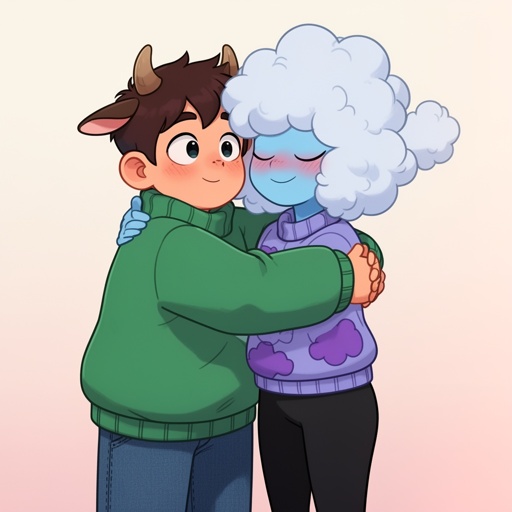 Two characters hugging wearing matching sweaters. The boy has a green one and the girl has a purple one. The boy has dark brown hair, small horns and cute cow ears. He is a little taller than the girl and usually has a blank expression but blushes a lot around her( he is also wearing jeans) the girl is wearing a matching purple sweater ( both are oversized) , her skin is blue with purple patches and she has a soft cloud shaped poof of white hair that covers her eyes. She is also wearing black leggings.  She has cute blushing cheeks and two small black dots on each .A purple patch covers right side of her face. 